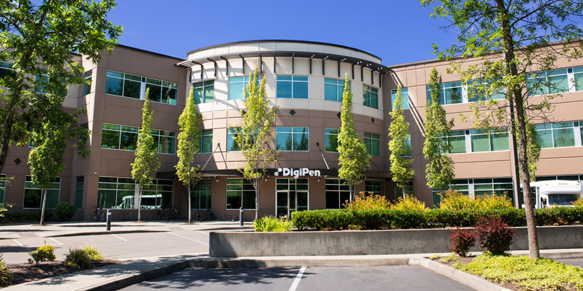 Photograph of the DigiPen USA building's main entrance taken at midday