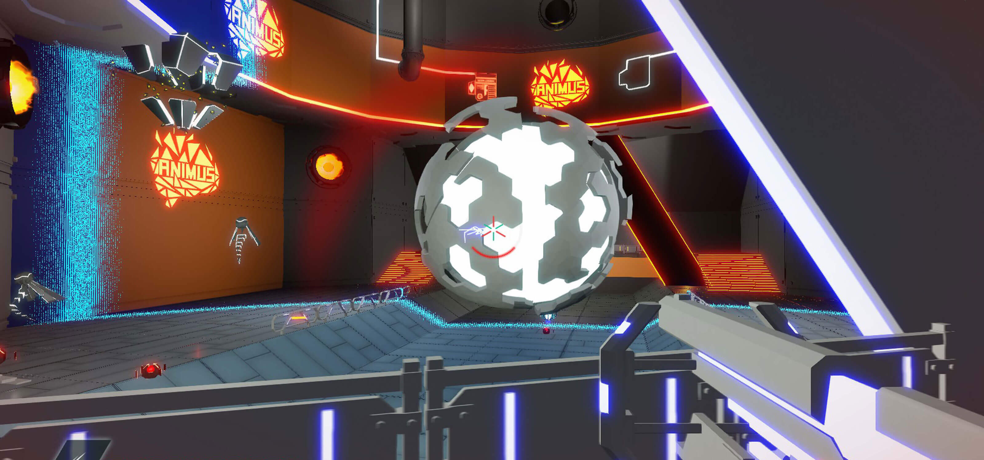 The player aims their gun at Animus Fault's central core, a glowing orb covered by geometric floating armor. 