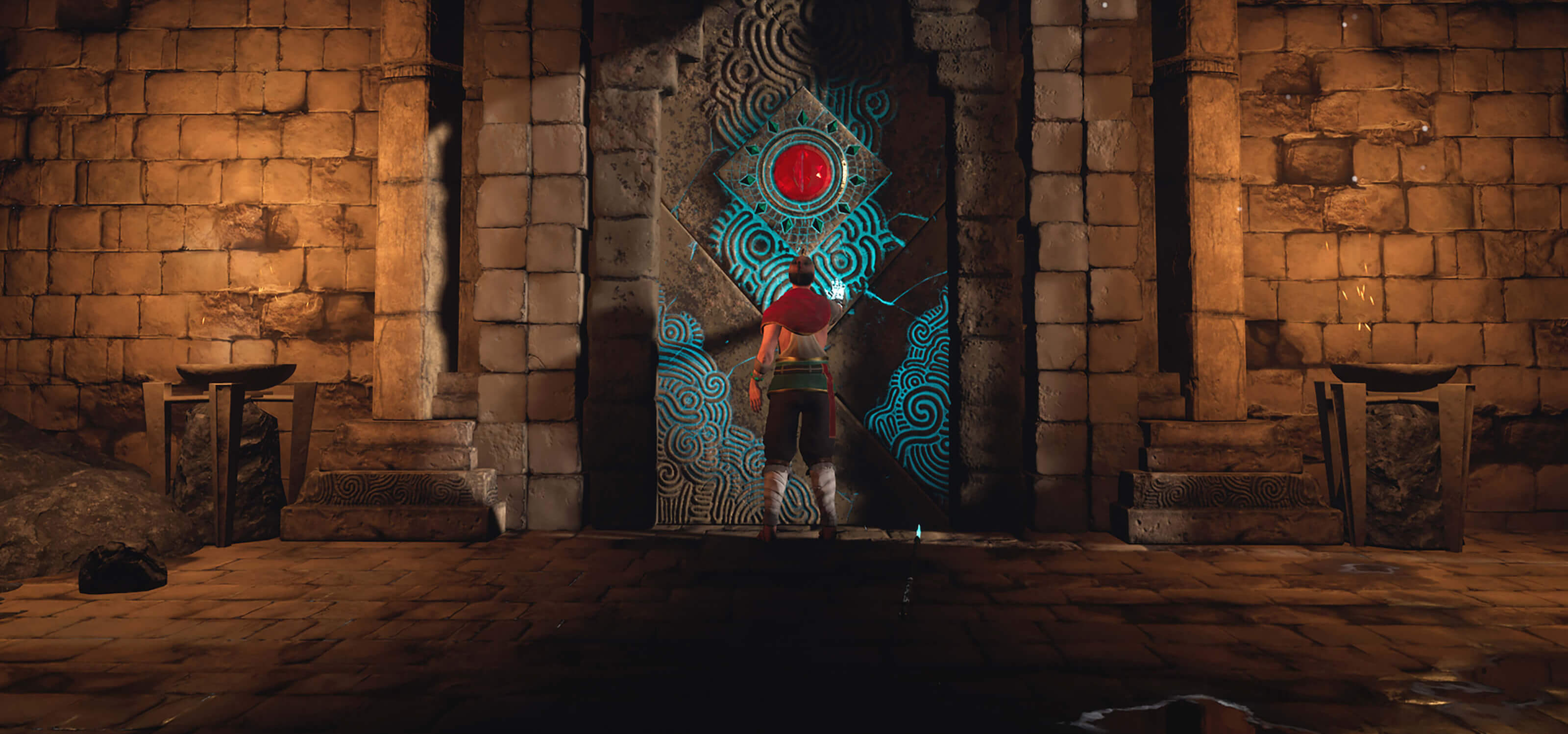 A man holds his palm against a glowing stone door.