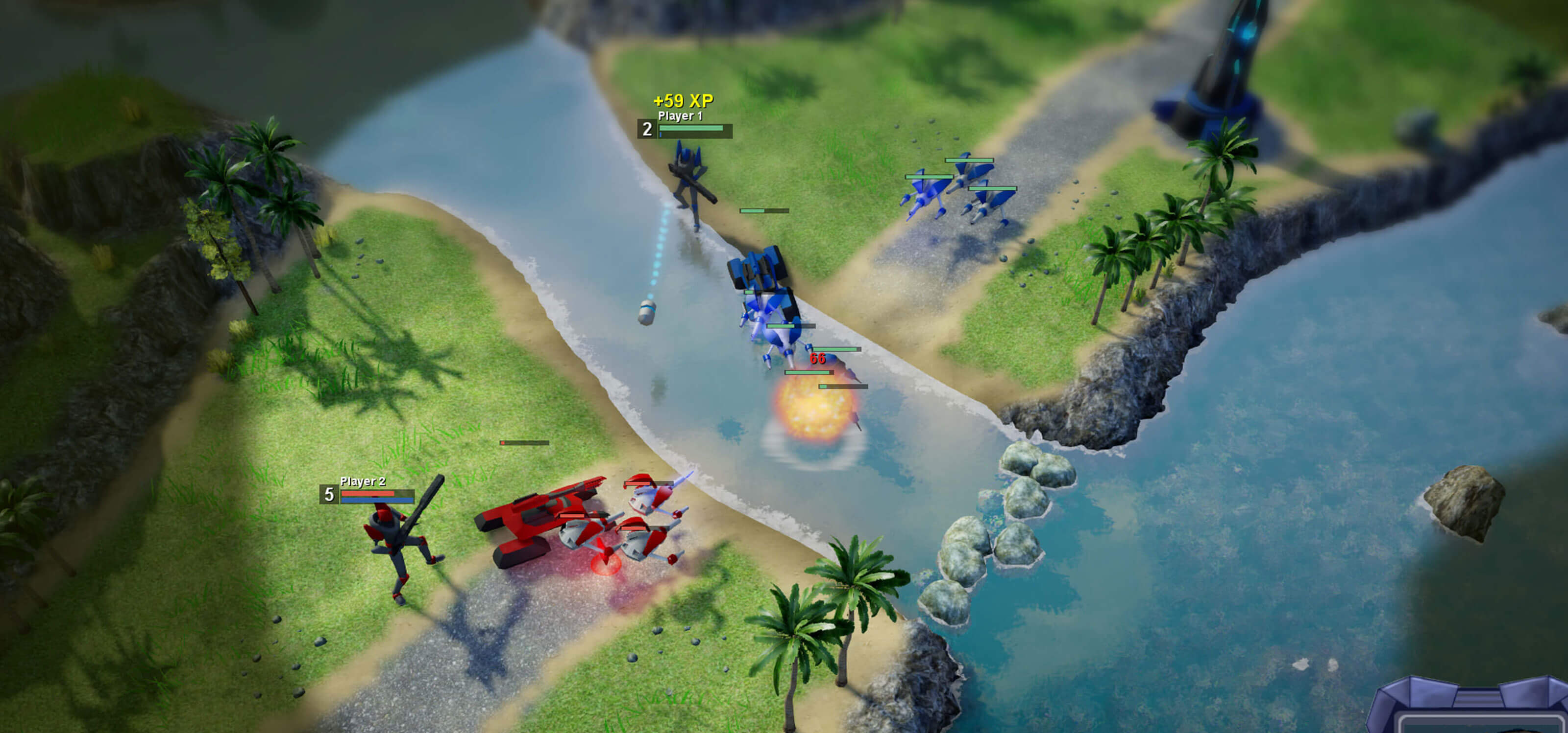 Blue and red robotic forces battle over a riverway. 