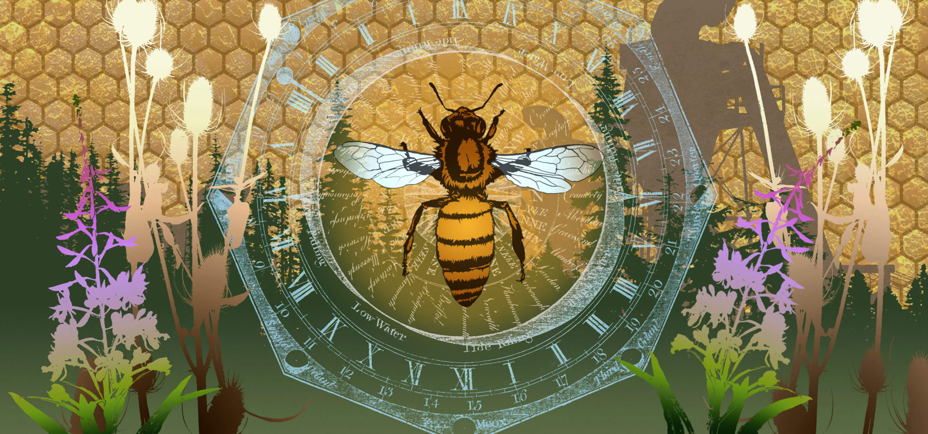 Digital composition of a bee and plants superimposed over a forest and honeycomb