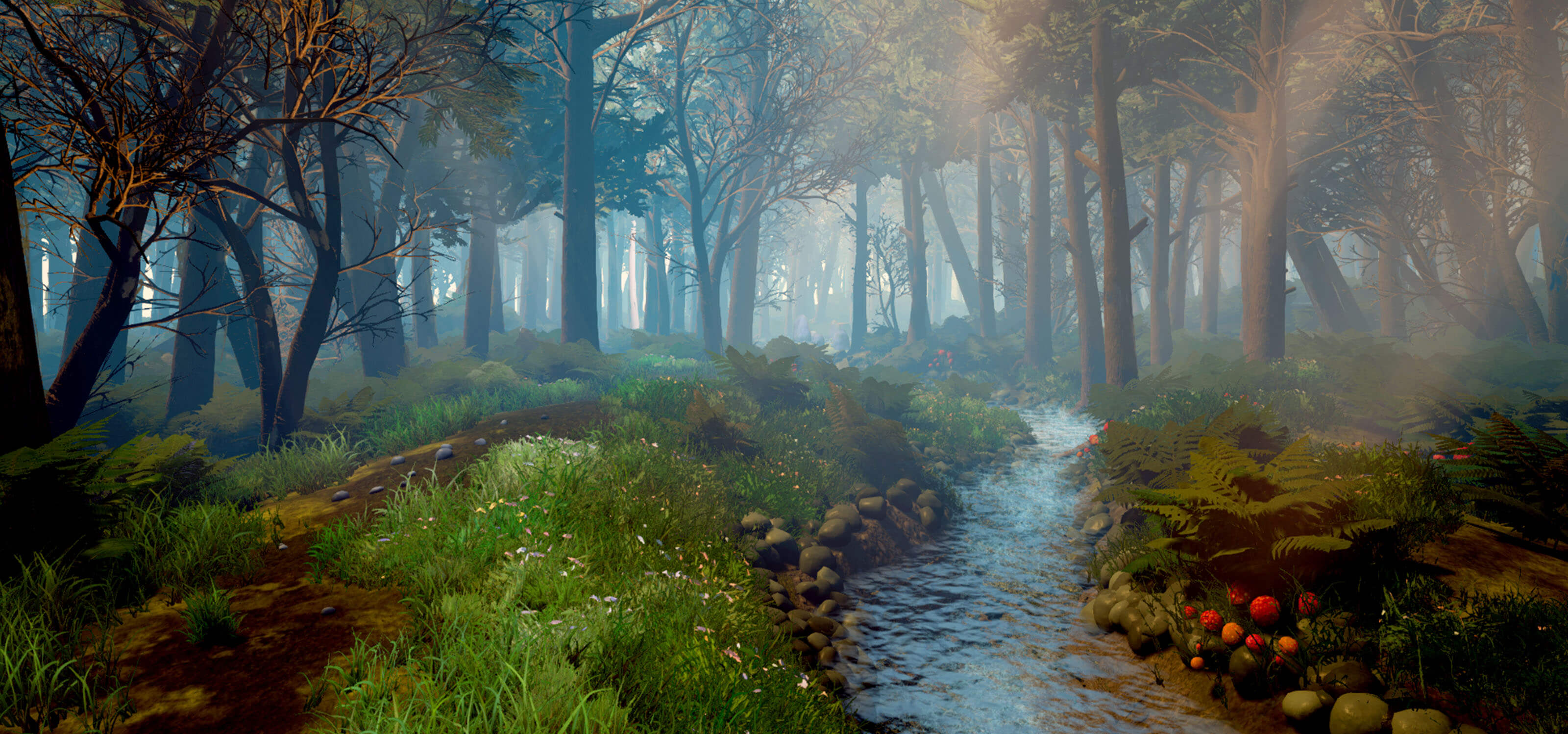 3D model of a stream deep in the forest with beams of sunlight