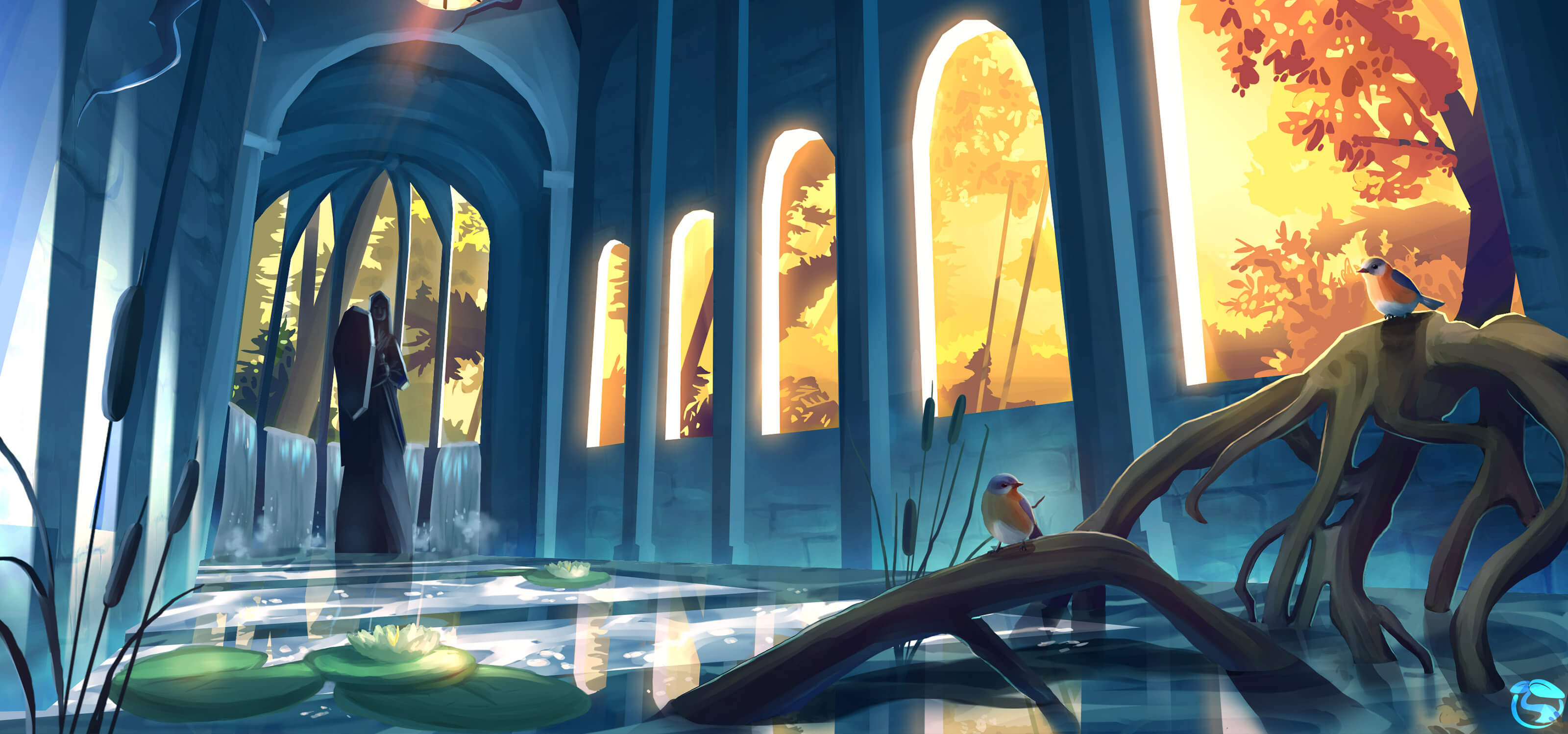 Digital painting of a statue in an open building at sunset, with a pond, lily pads and birds in the foreground