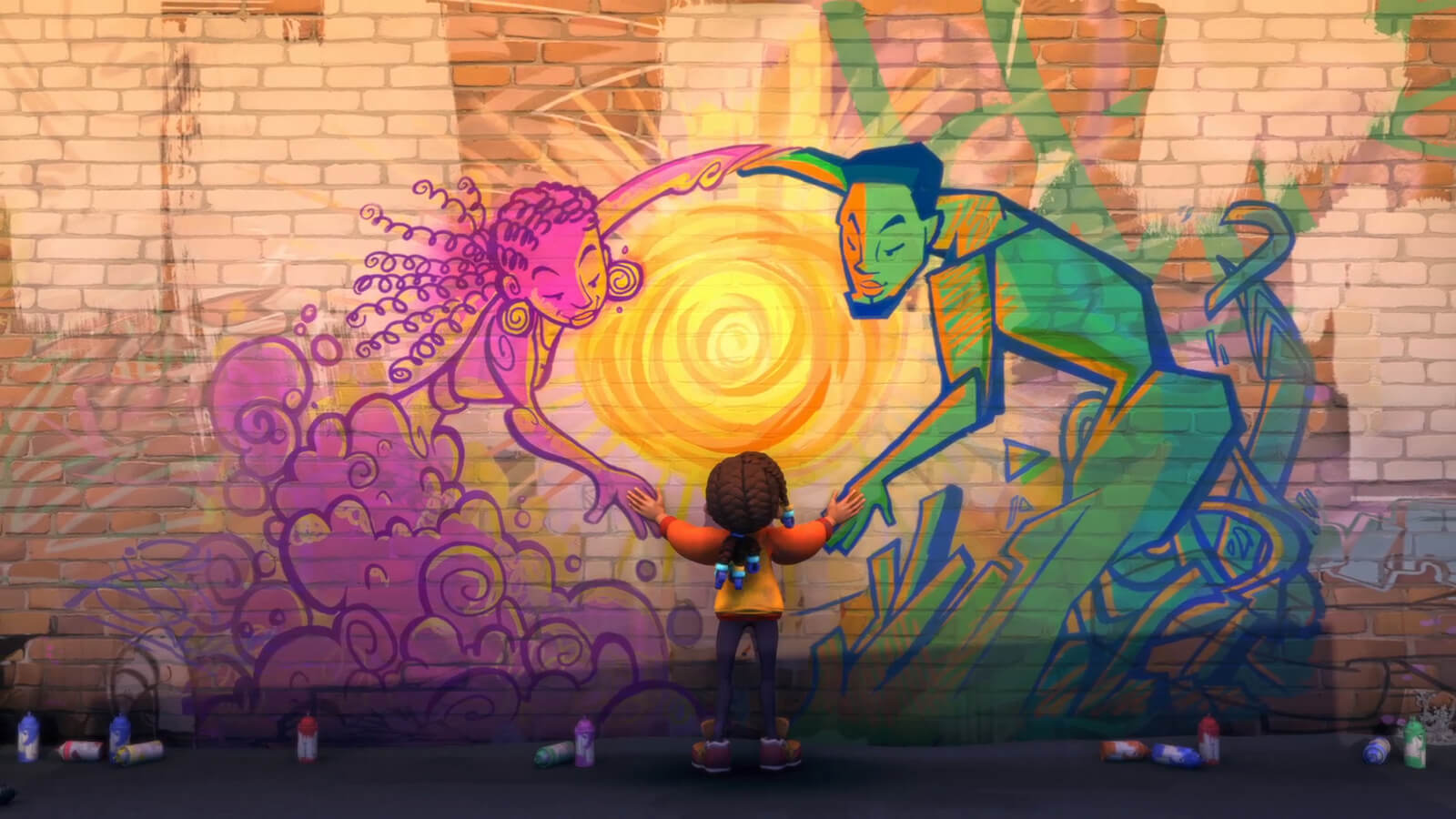 A girl facing a brick wall spray-painted with two figures, one pink, one green, holding hands around a bright sun