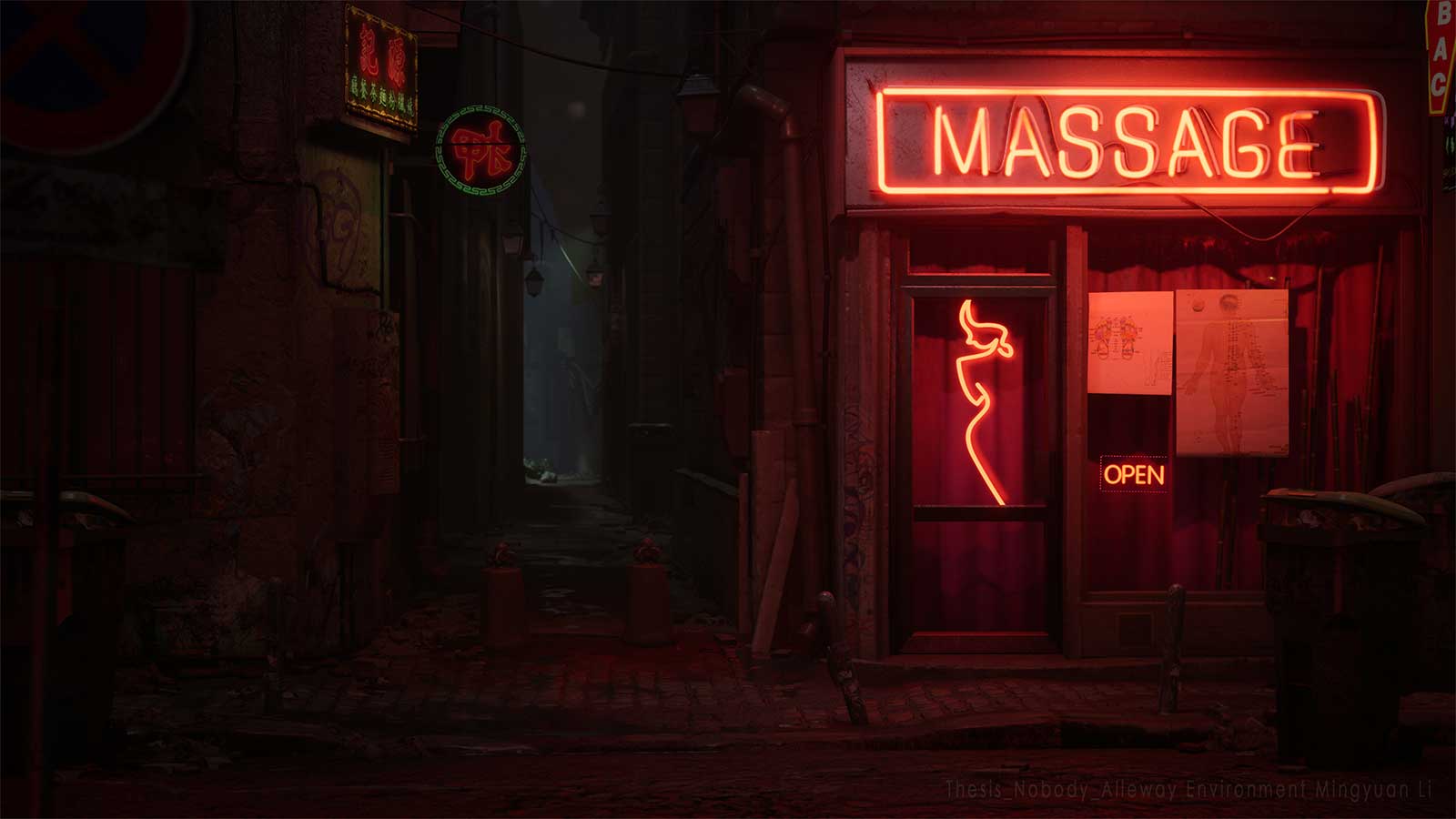 A dark alleyway entrance with a shop that has a neon sign advertising a massage.