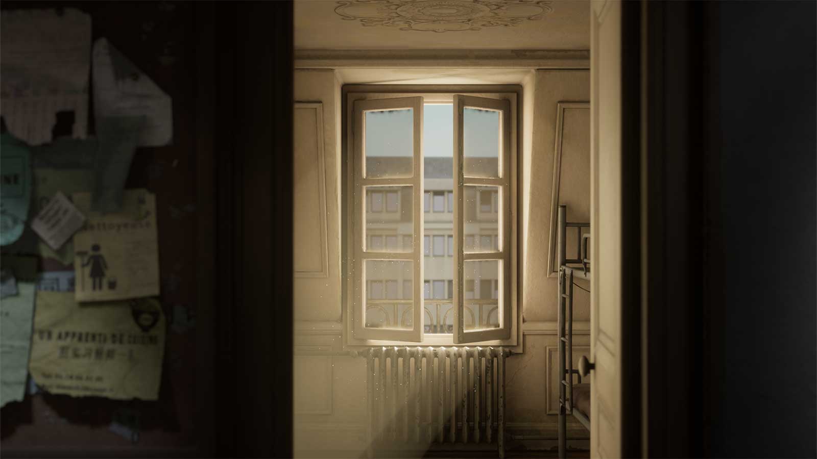 A door is wide open, showing sunlight peeking in through an open window.