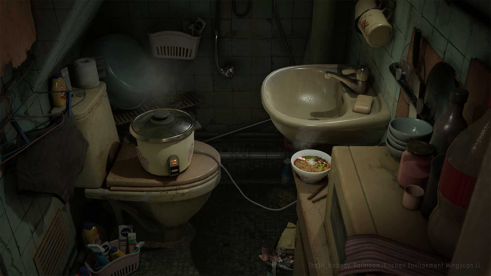 A cramped bathroom that also contains kitchen related items.