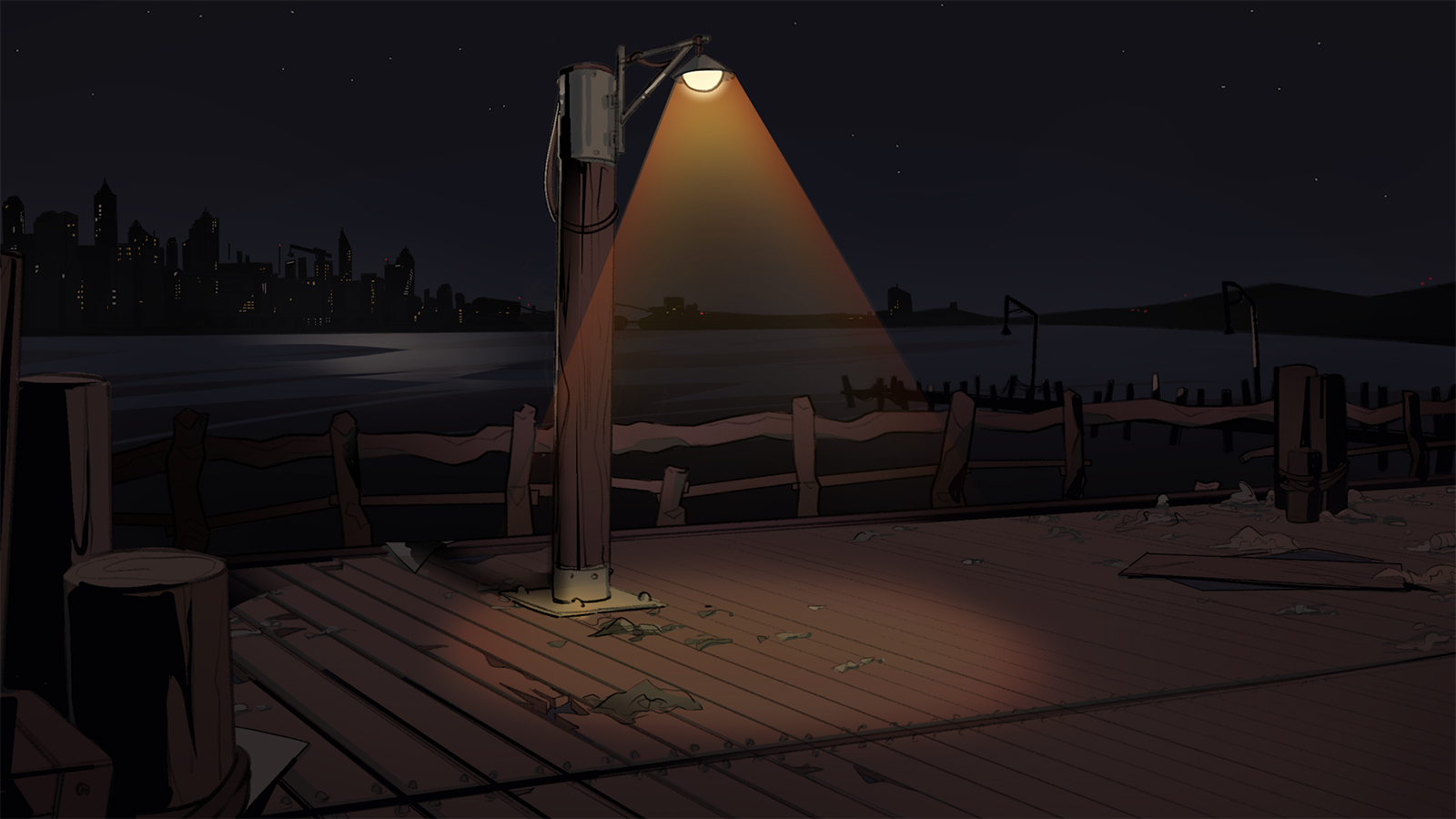 A wooden light post illuminates the littered floor of a city's waterfront.