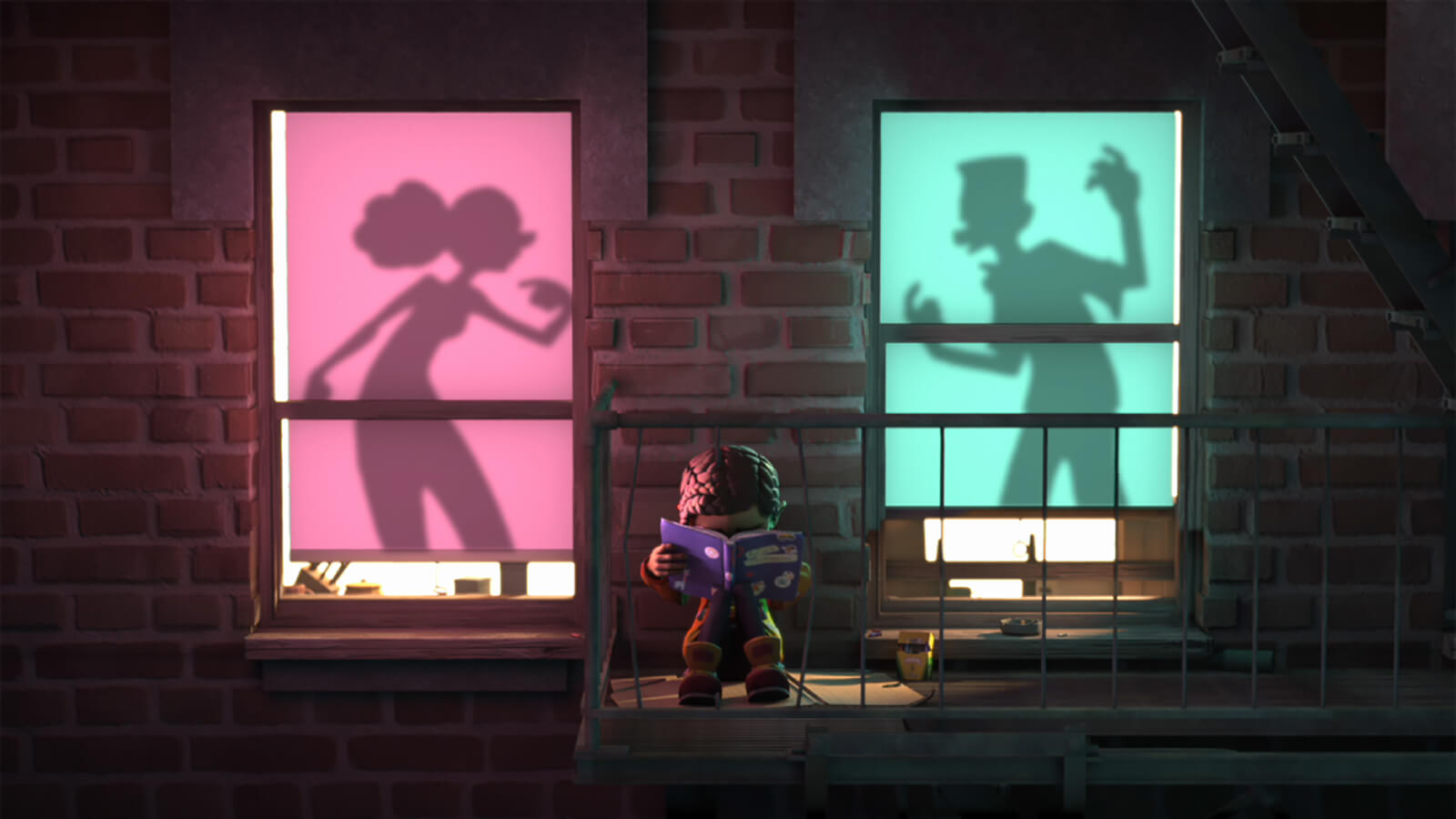 A young girl sits on an apartment fire escape, her head buried in a book, as the silhouettes of two people argue behind her
