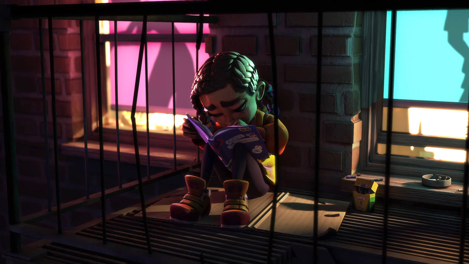 Closeup of a young girl sadly sitting on a fire escape, coloring in a book, and lit from the apartment behind her