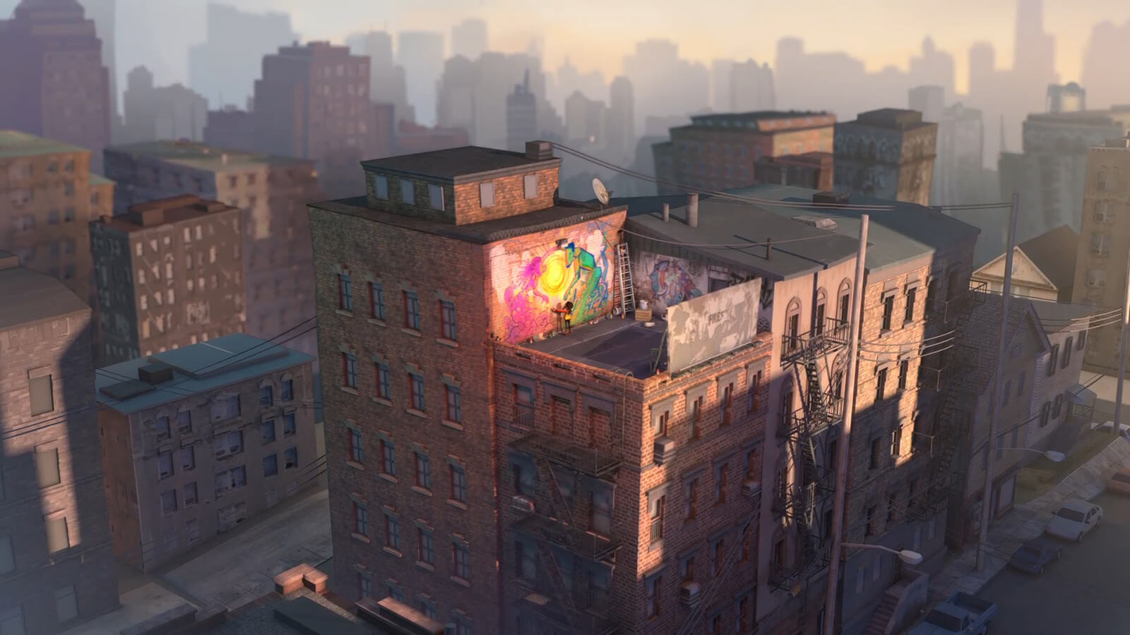 A brick apartment at dawn in an urban area. A girl is seen on the room standing in front of a colorful spray-painted artwork.
