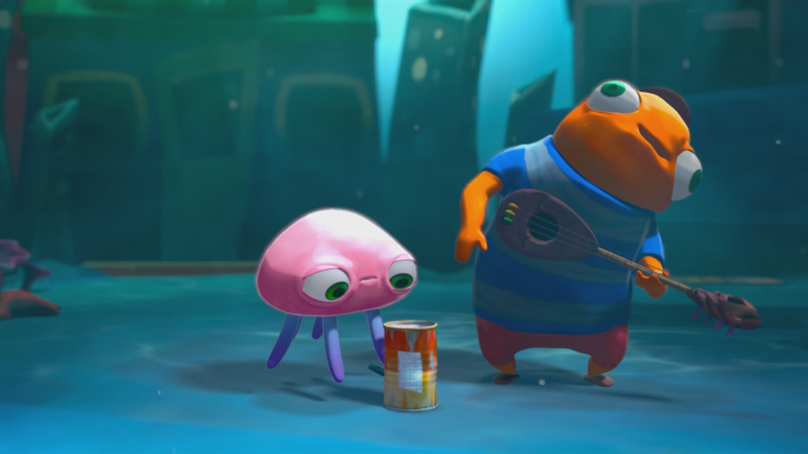 A small pink jellyfish looks at an open tin can in front of an orange fish holding a guitar-like instrument