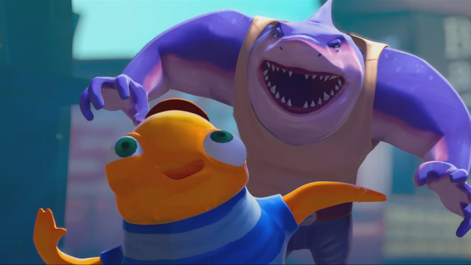 A purple shark in jeans bares his teeth coming up behind a small orange fish in a blue-striped t-shirt