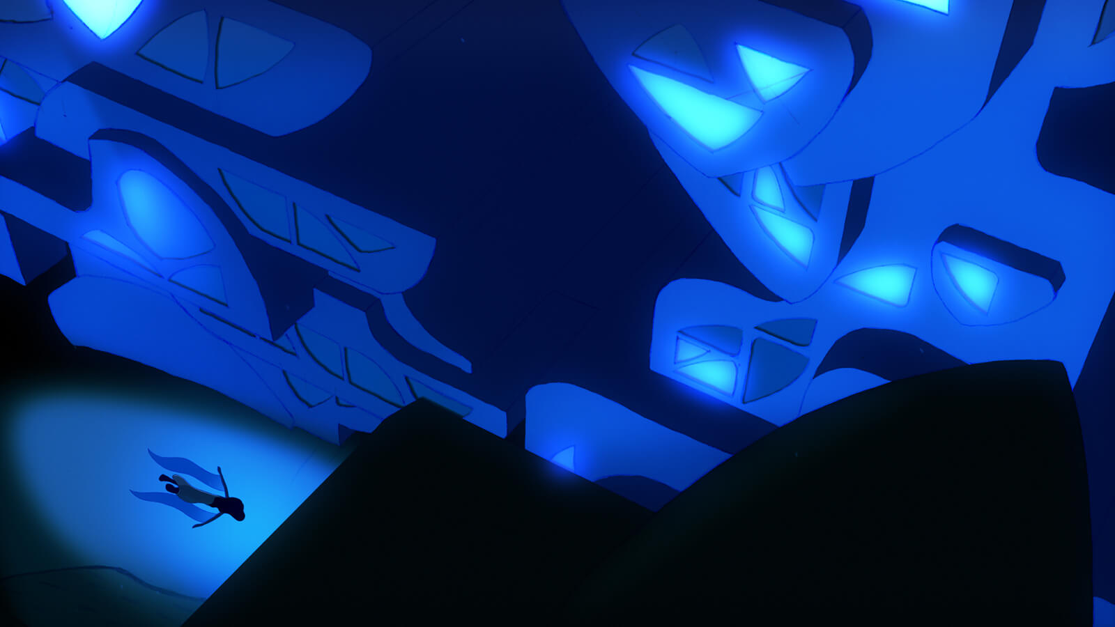 A human figure is seen swimming underwater through a canyon of dark blue shapes, some displaying glowing panels of light