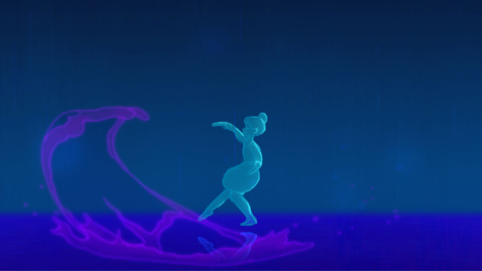 A turquoise ballerina dances as a purple wave crests towards her.