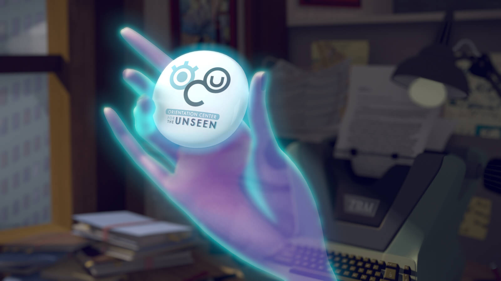 A translucent, glowing blue hand holds up a round, white button reading "Orientation Center for the Unseen."