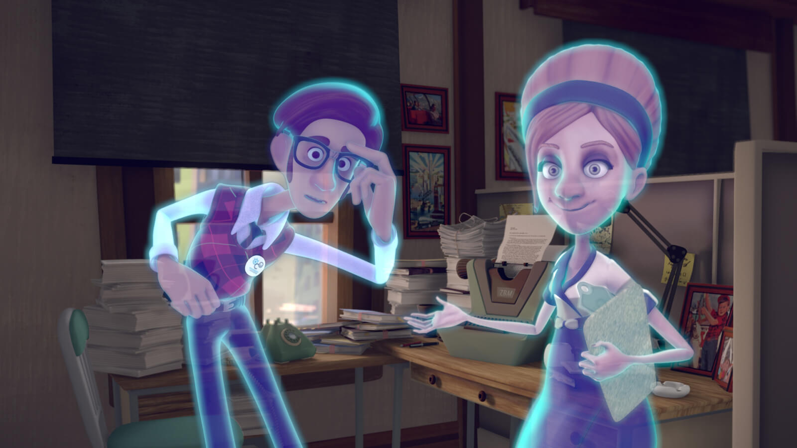 A translucent, glowing blue man and another spectral woman holding a clipboard stare directly at the viewer.
