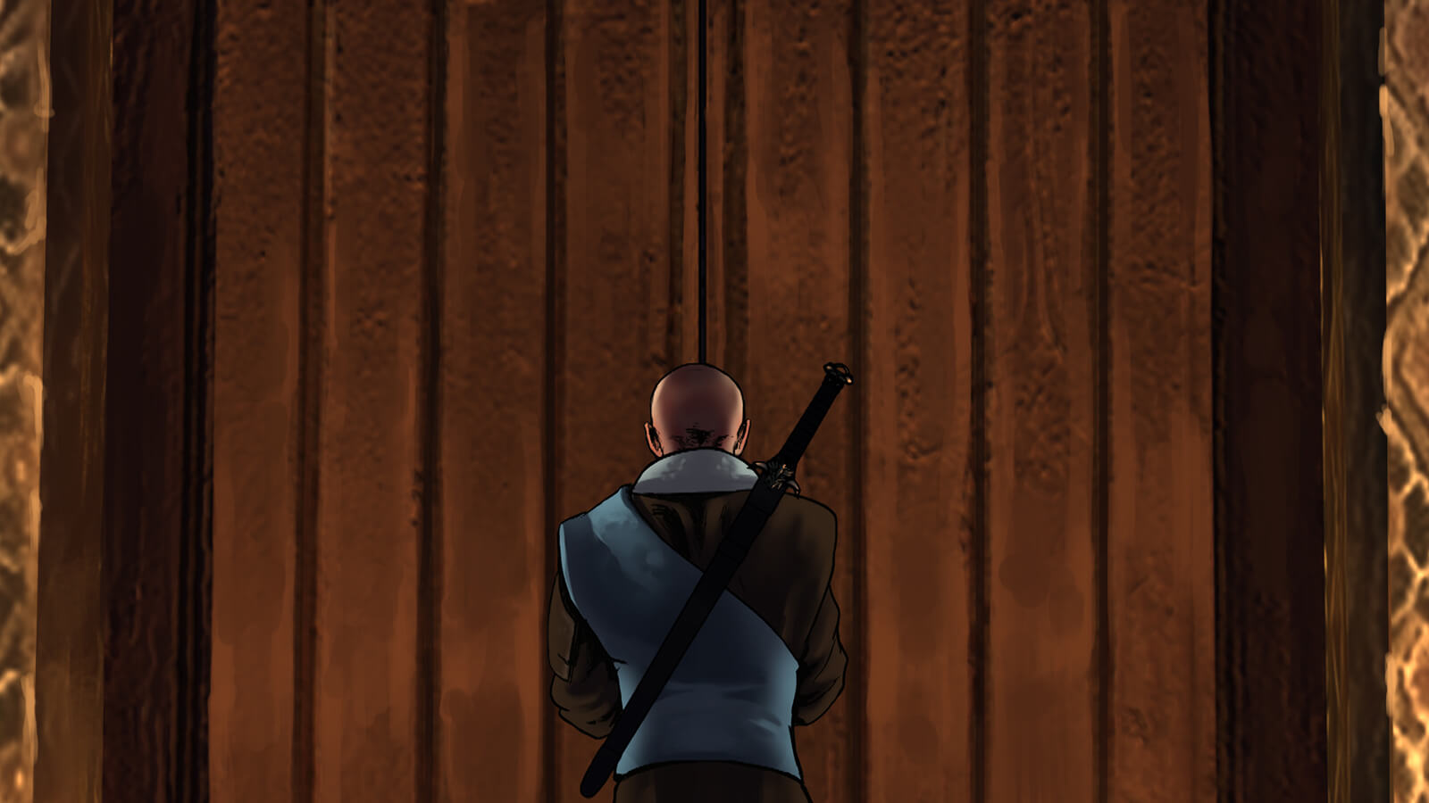 A bald man seen from behind with a sword slung over his back stands at a tall wooden door