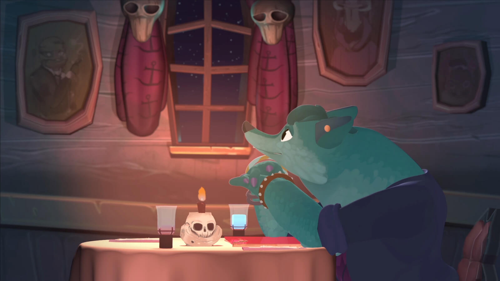 A blue werewolf in purple clothing leans on a candlelit table, looking out a window flanked by red curtains with skulls above