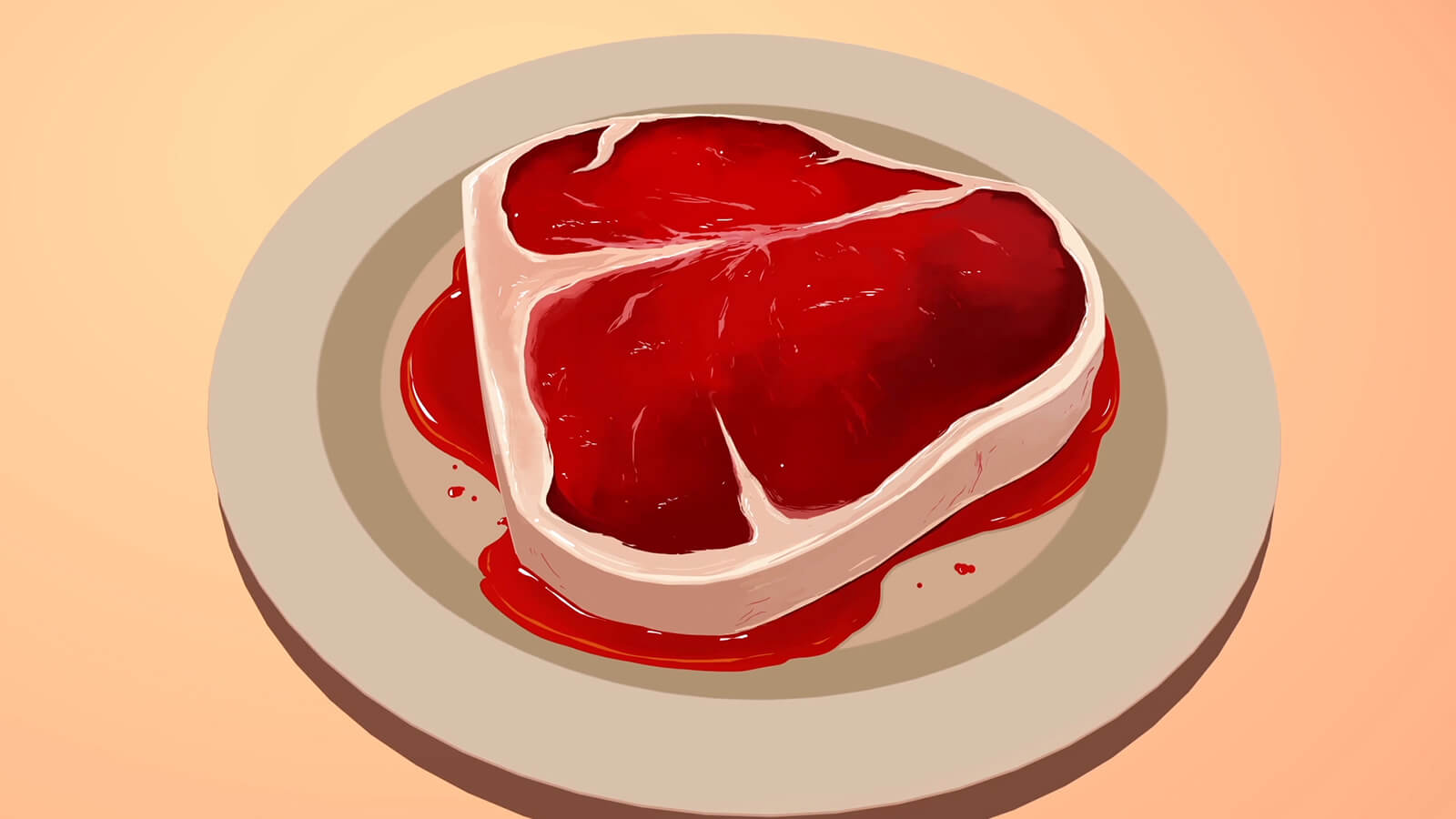 A closeup of a glistening uncooked steak on a white plate. Blood puddles underneath it.