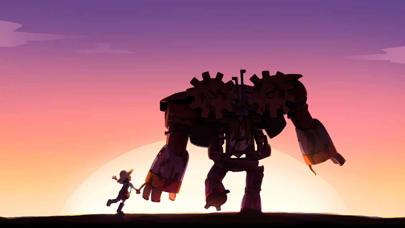 Girl and giant robot walk hand-in-hand toward the sunset