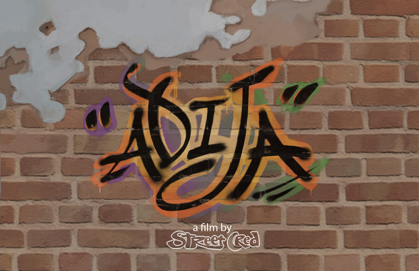 A title card reading "Adija" in stylized black and orange script. "A film by Street Cred" is seen below.
