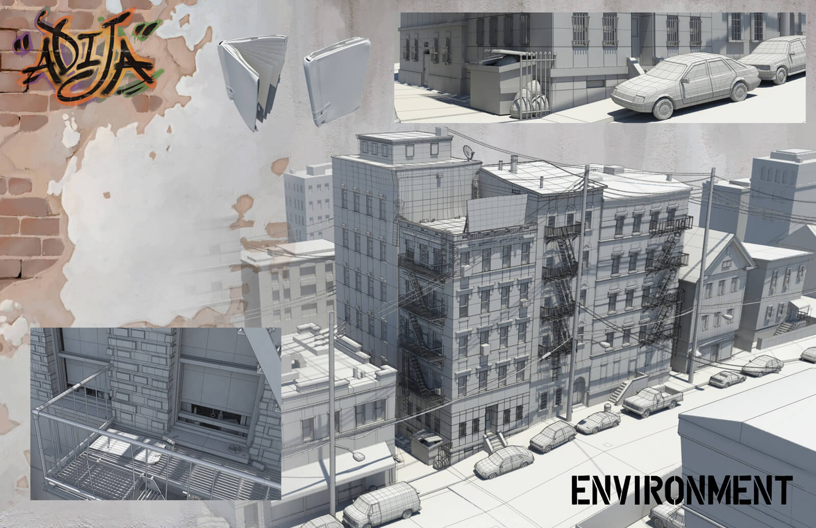 Environmental design sheet showing 3D wireframe models of the apartment exteriors in the film Adija