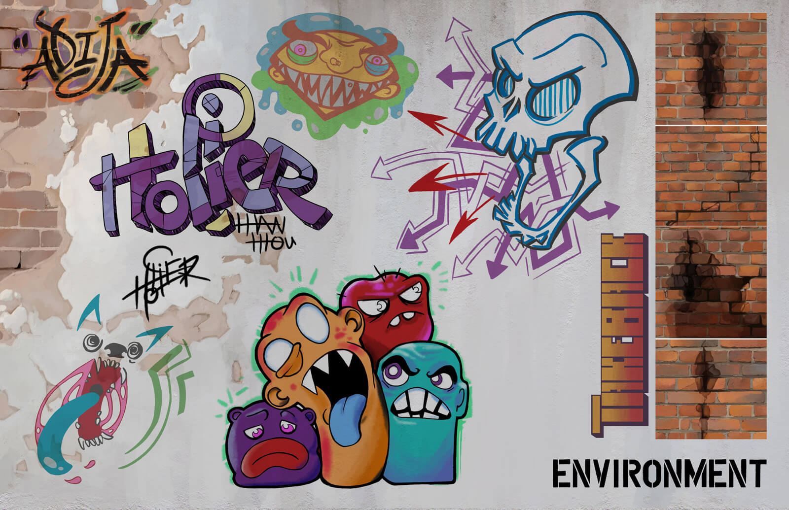 Environmental design sheet showing color drawings of the various graffiti and walls in the film Adija