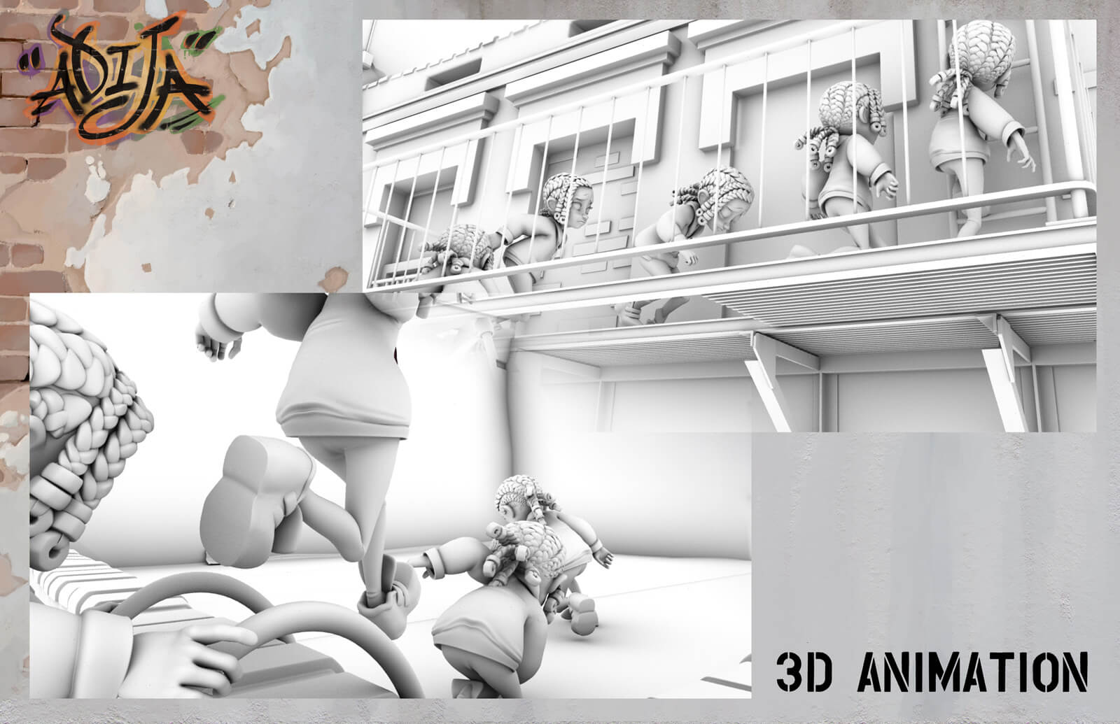 3D Animation sheet depicting an uncolored model of a young girl running up a fire escape of a building