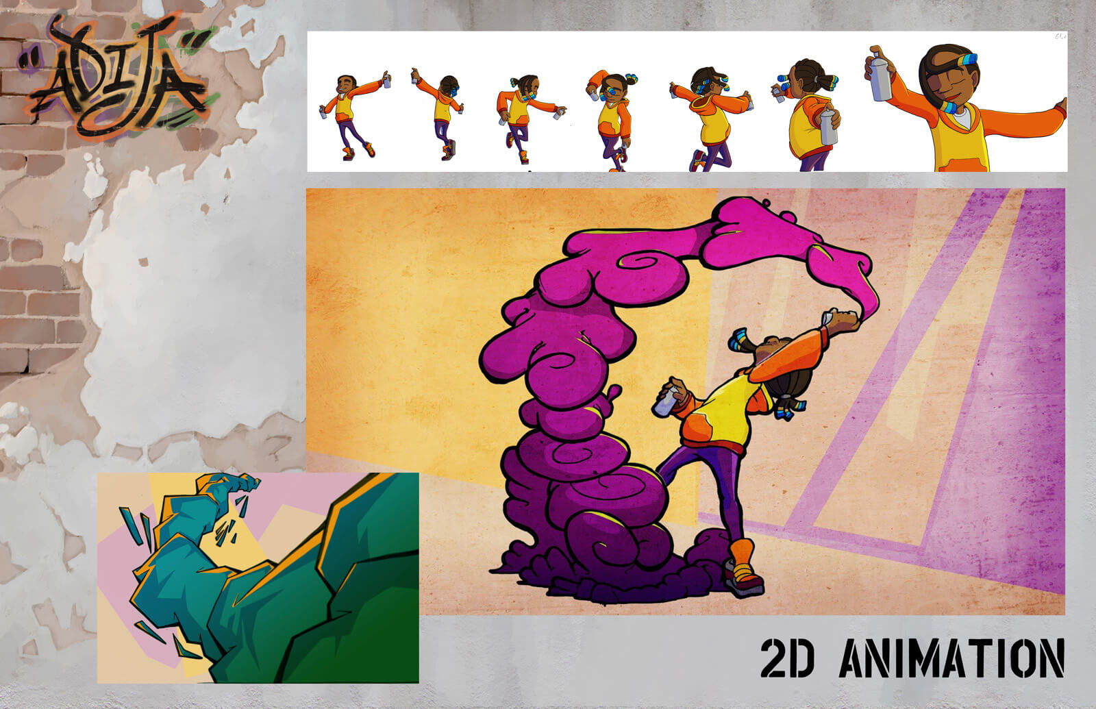 2D animation sheet depicting a young girl in the middle of spray-painting her artwork