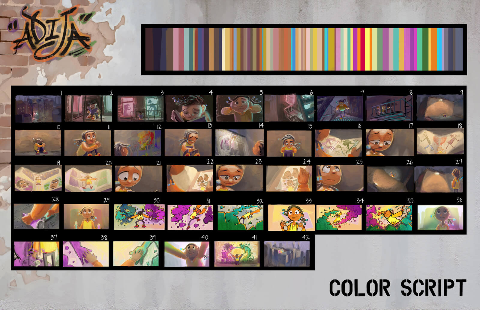 Color storyboard of the film Adija depicting the action from the beginning to end