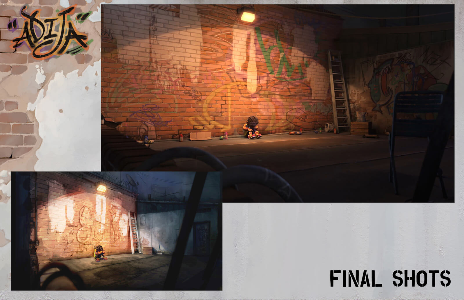 Side-by-side comparison of concept and final shot of young girl sitting against a graffiti wall
