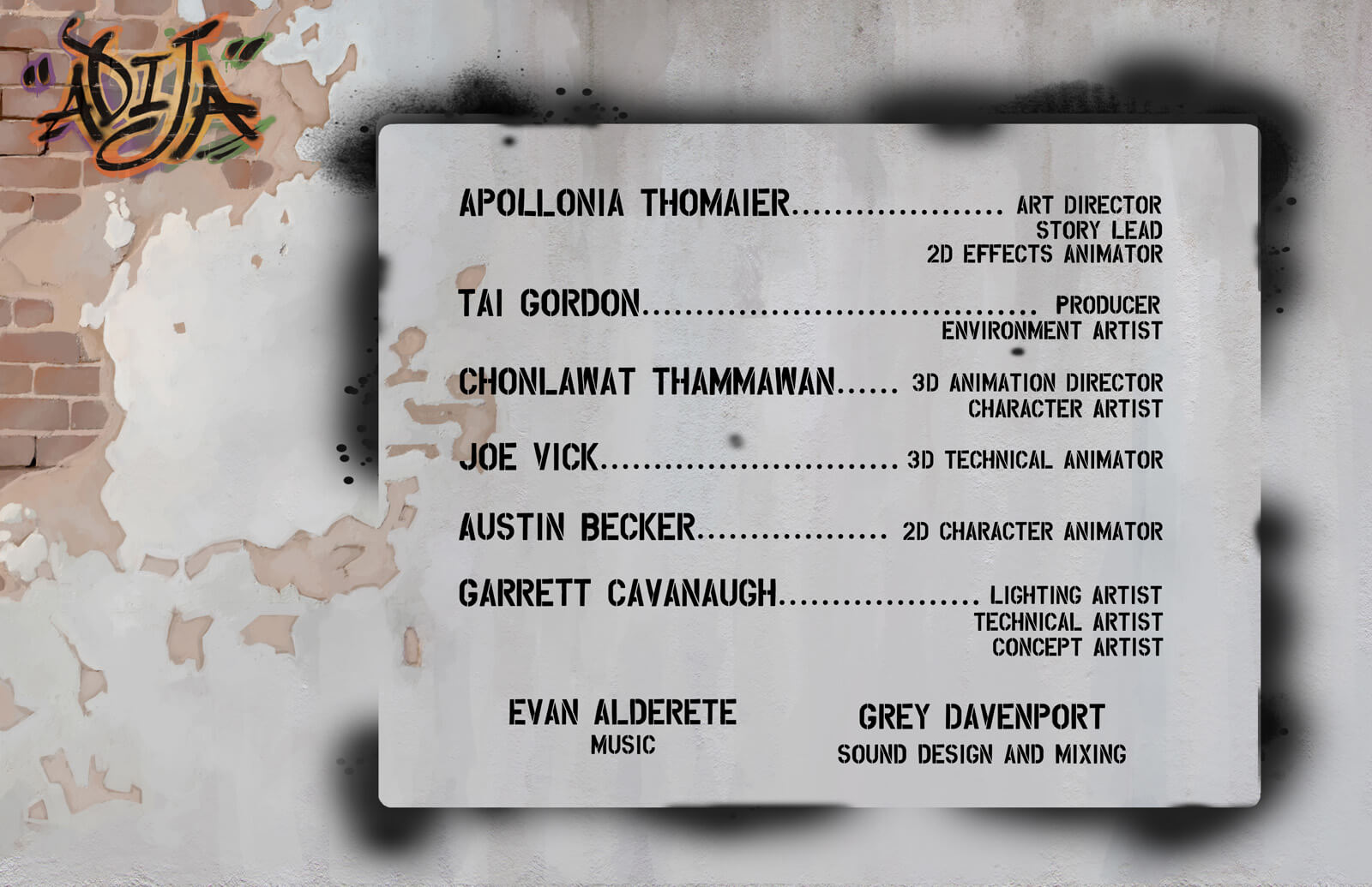 Credits for the film Adija in a stylized format of a spray painted background