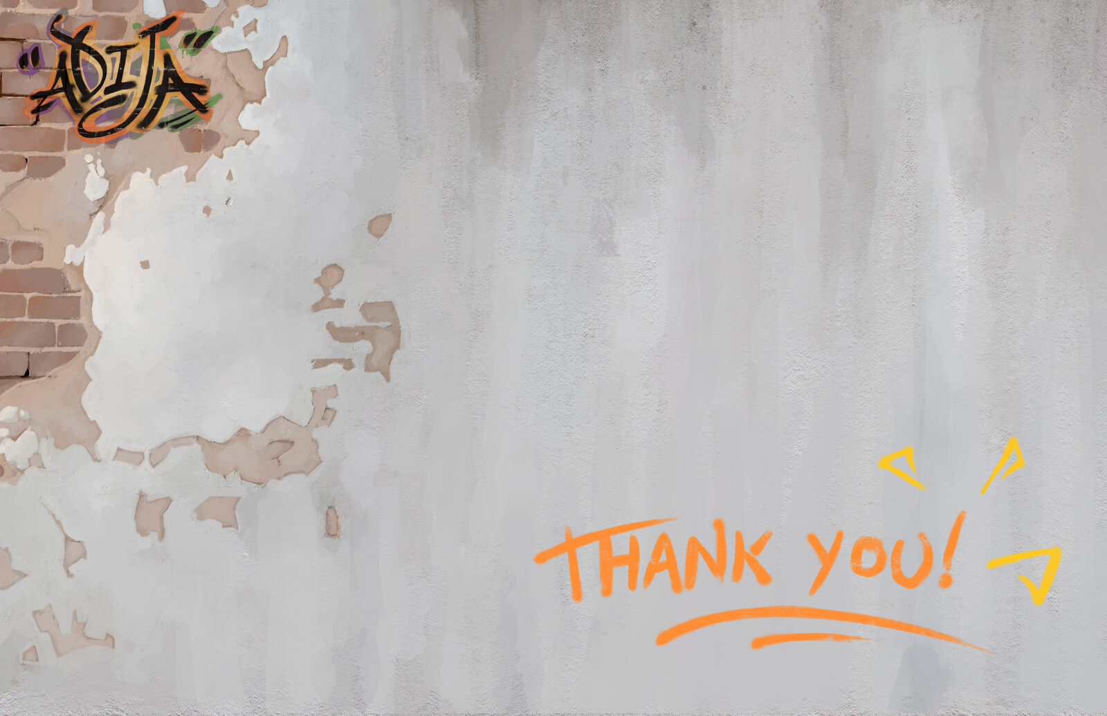 Presentation slide of a bare plastered brick wall with "Thank You!" written in orange in the bottom-right corner
