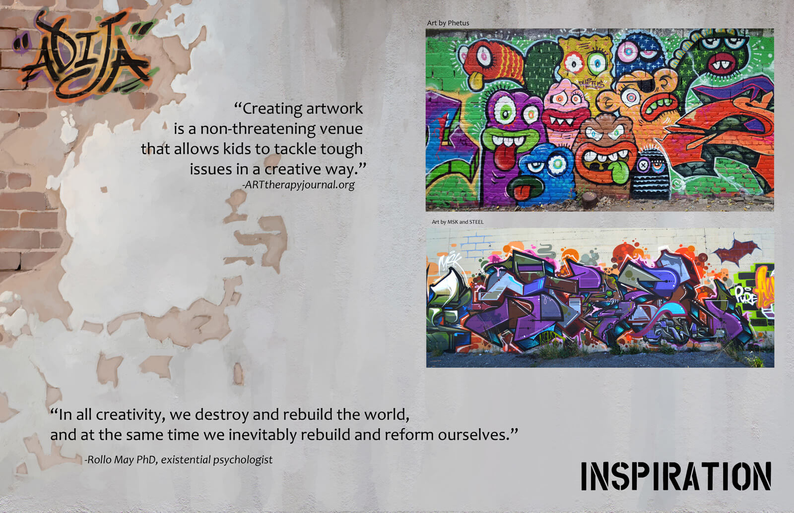 A presentation slide explaining the inspiration for the film Adija. Two images of colorful graffiti walls are seen.