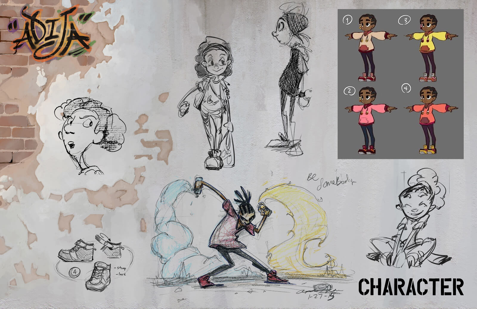 Character design sheet for the film Adija, showing several sketched versions of the young girl protagonist