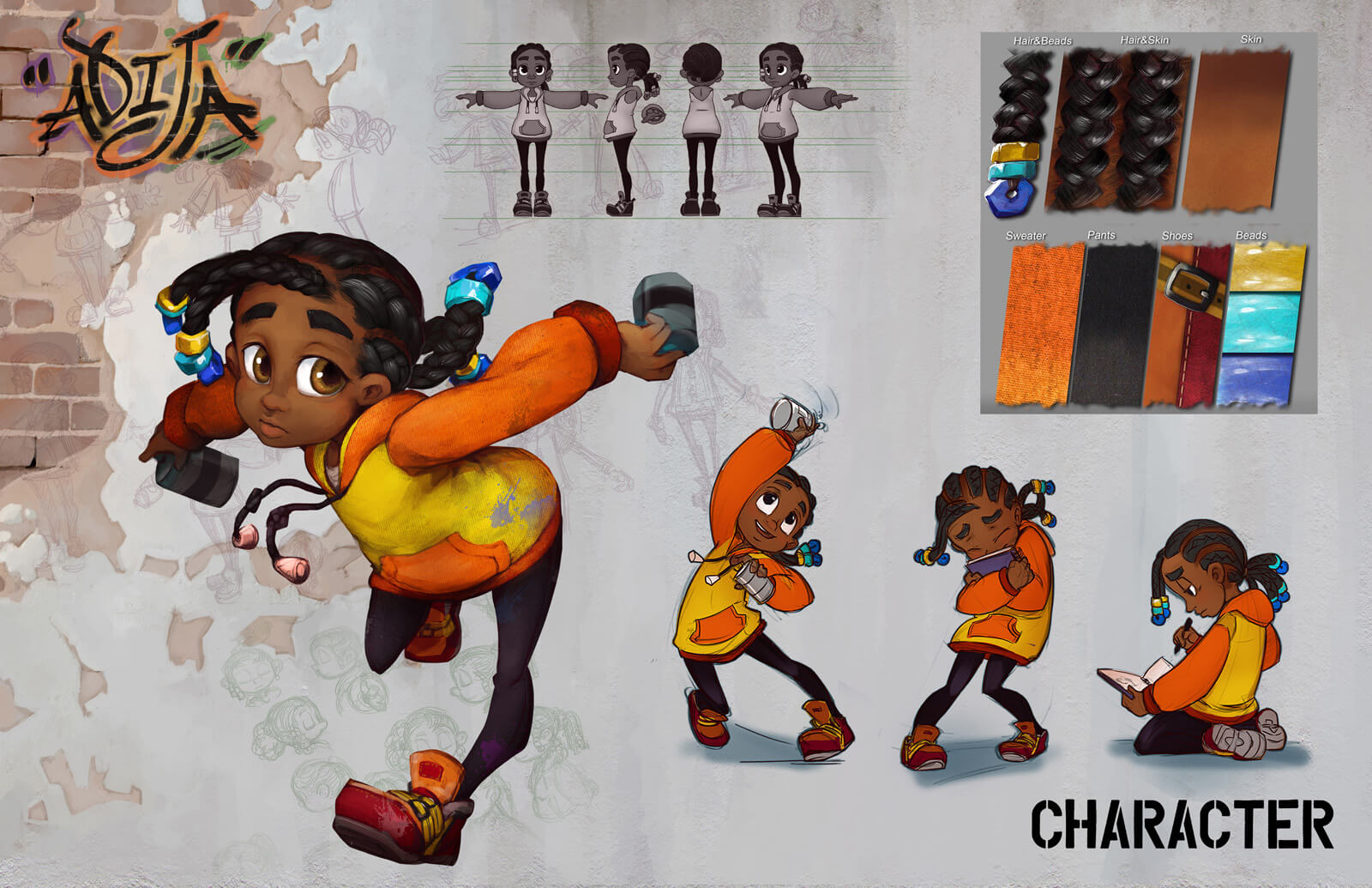 Character design sheet for the film Adija, showing several versions of the young protagonist and detail of her apparel
