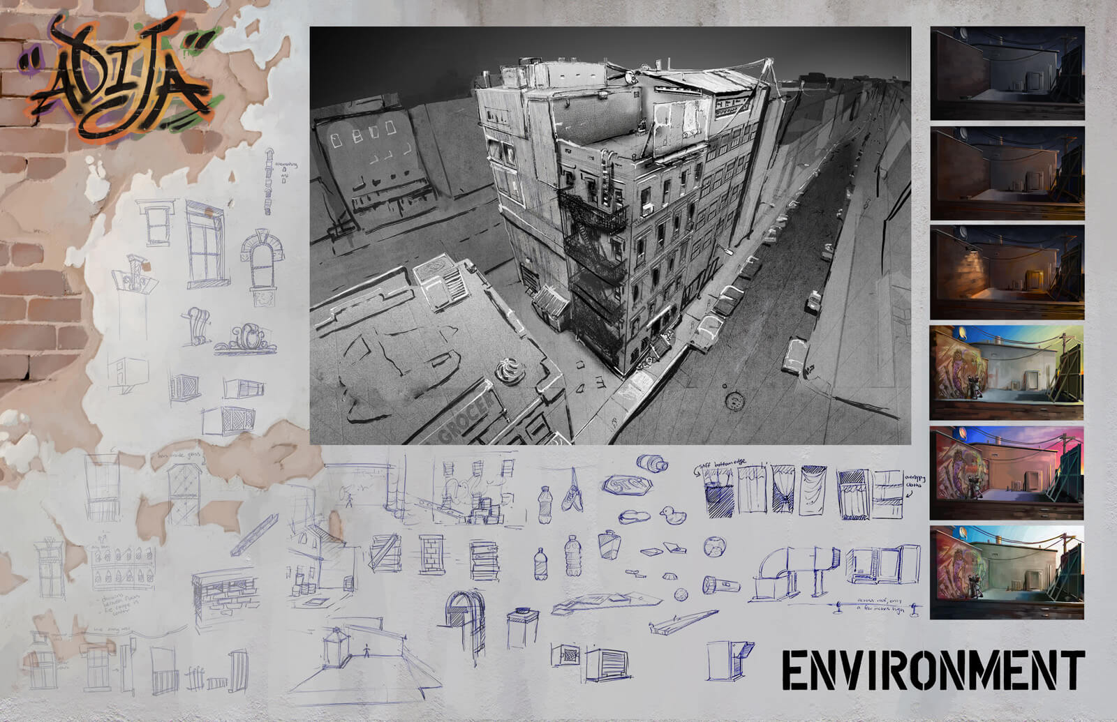 Environmental design sheet showing rough sketches of the apartment building exterior seen in the film Adija
