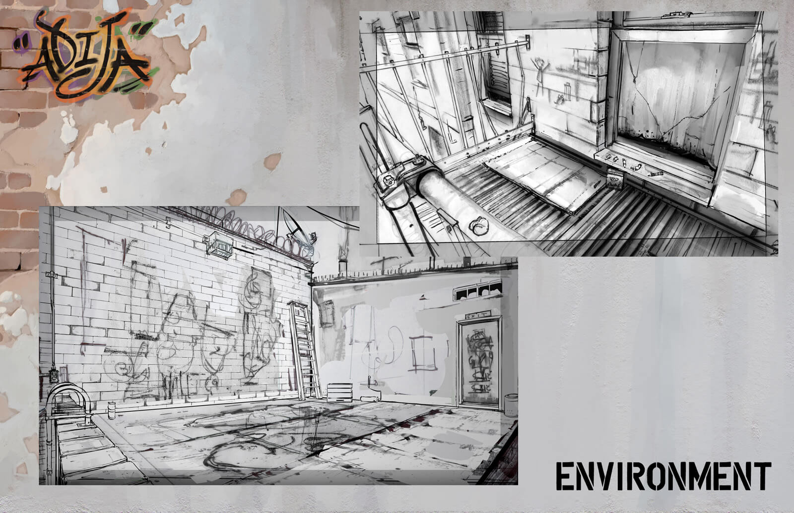 Environmental design sheet showing sketches of the apartment fire escape and roof seen in the film Adija