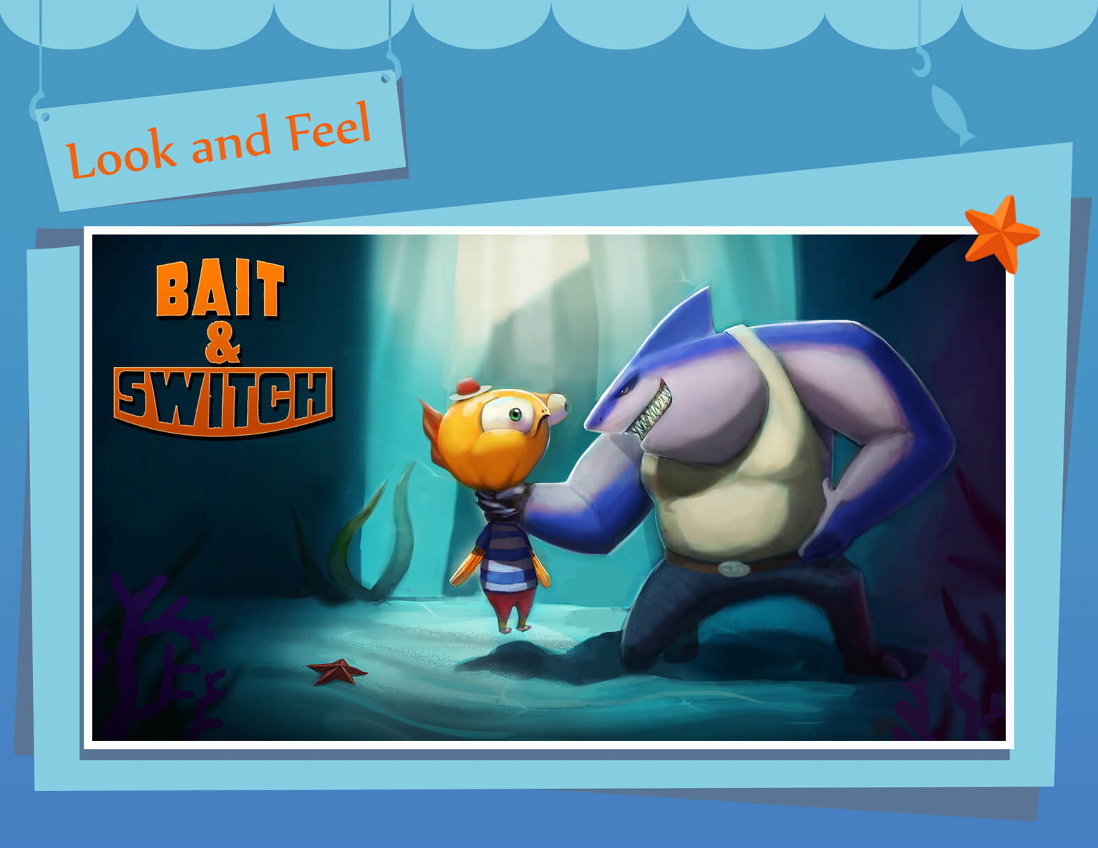 Look and Feel presentation slide for film Bait &amp; Switch depicting a large shark choking a small orange fish by the neck
