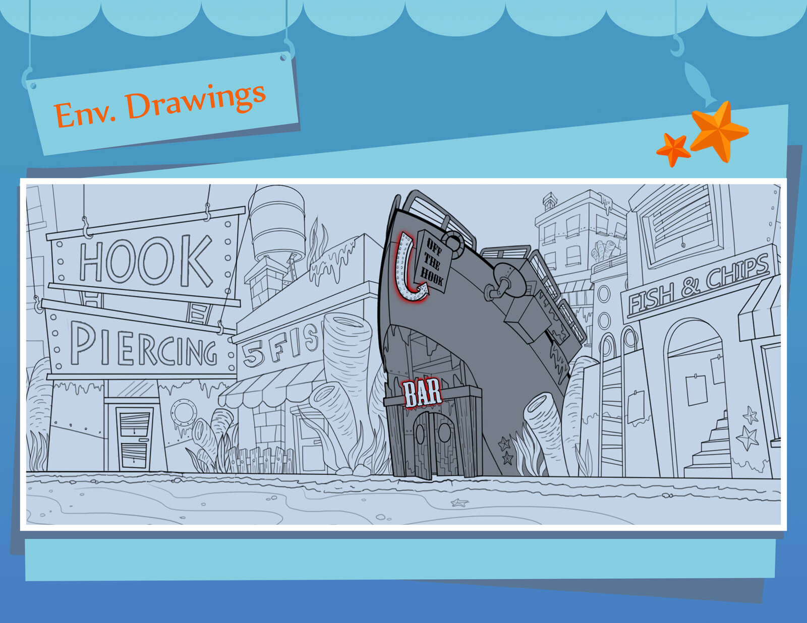 Environmental sketches and drawings of underwater street and buildings seen in the film Bait &amp; Switch