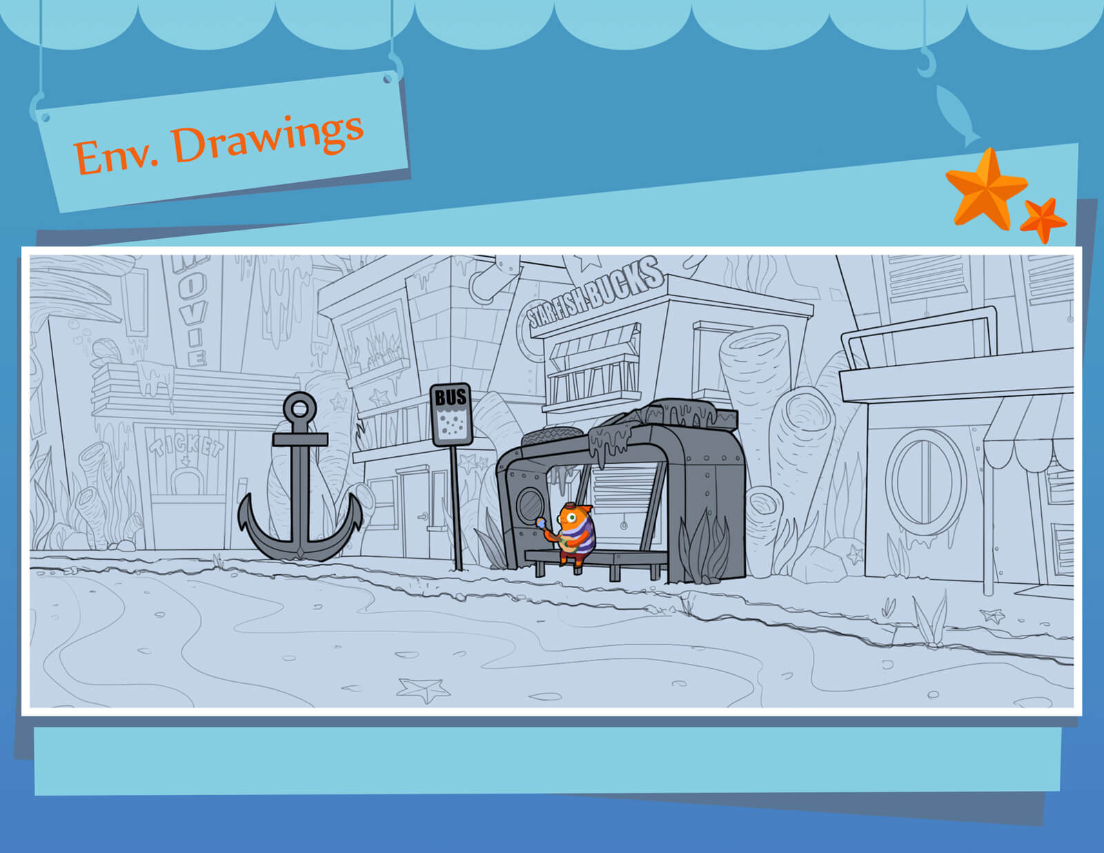 Environmental sketches and drawings of underwater bus stop and orange fish from the film Bait &amp; Switch