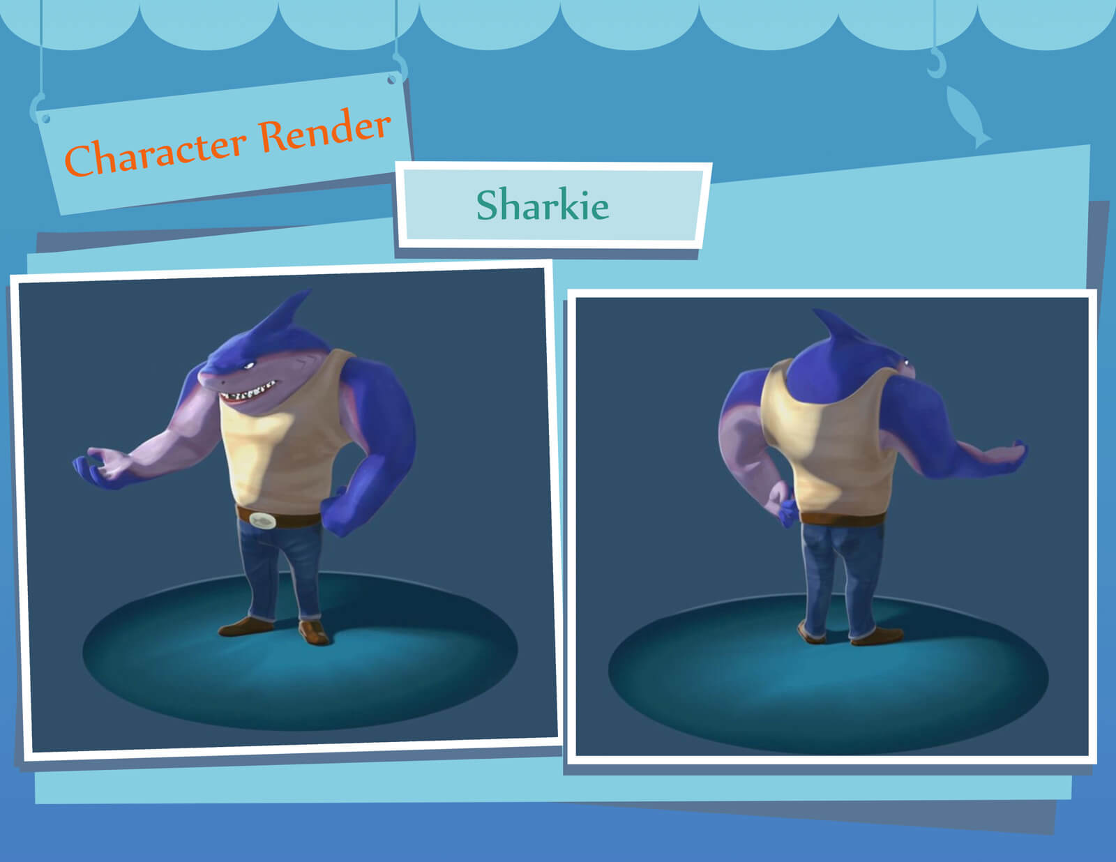 A fully rendered 3D model of a purple shark in jeans and a white shirt labeled "Sharkie"