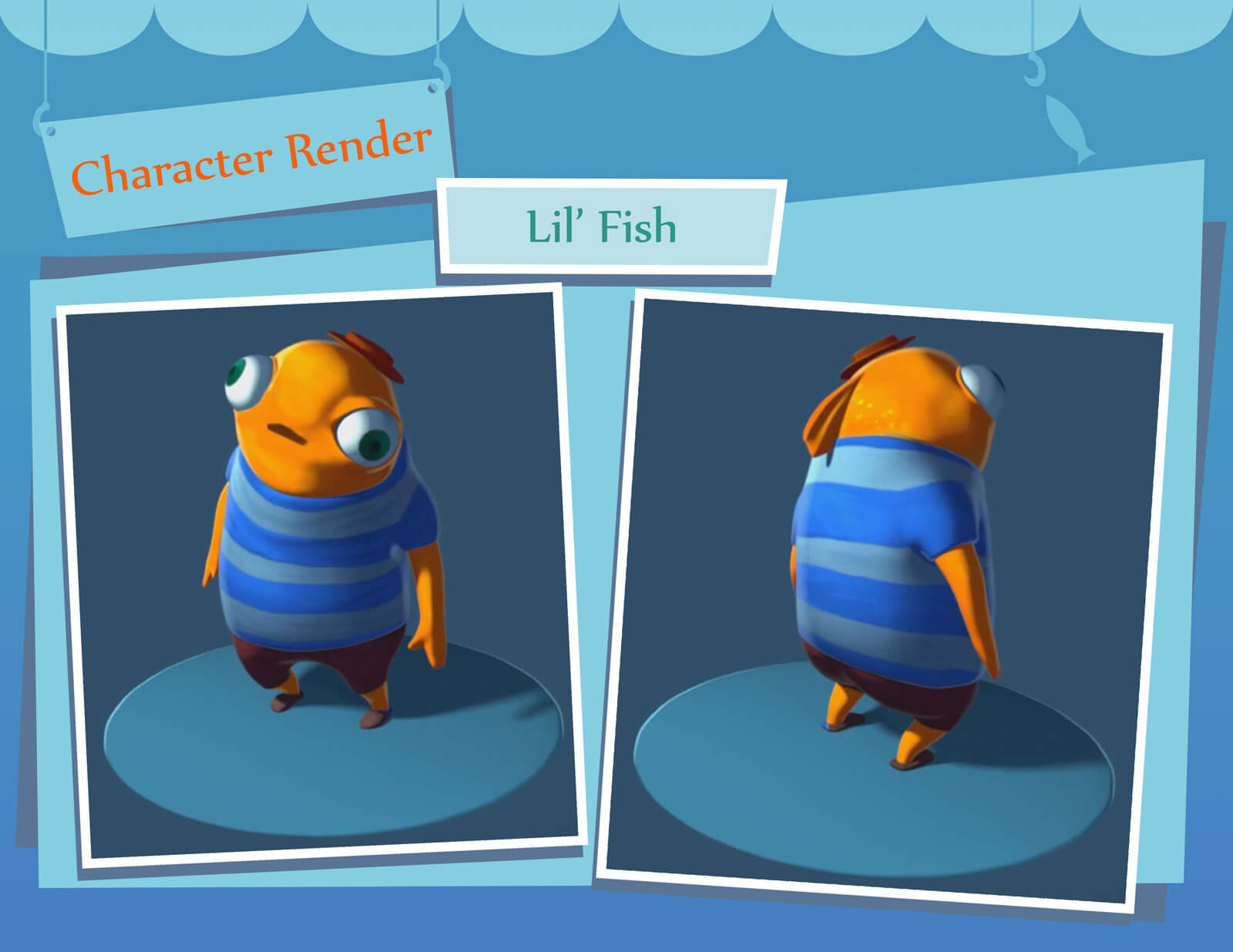 A fully rendered 3D model of an orange fish in a blue-striped shirt and red hat labeled "Lil' Fish"