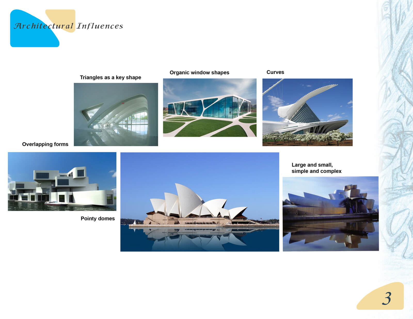 Presentation slide depicting various post-modern architectural influences in the design of Beneath the Night Sea