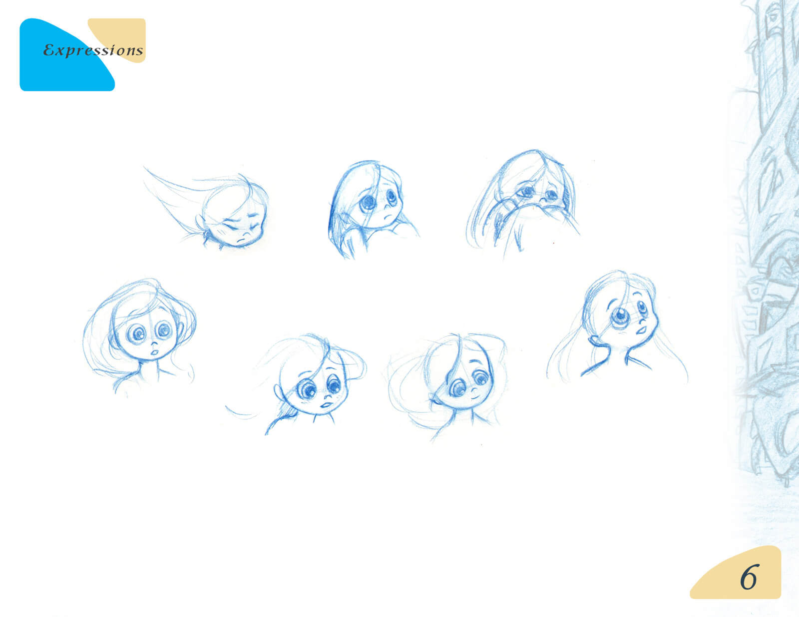 Various outline sketches of the facial expressions of a young girl for the film Beneath the Night Sea
