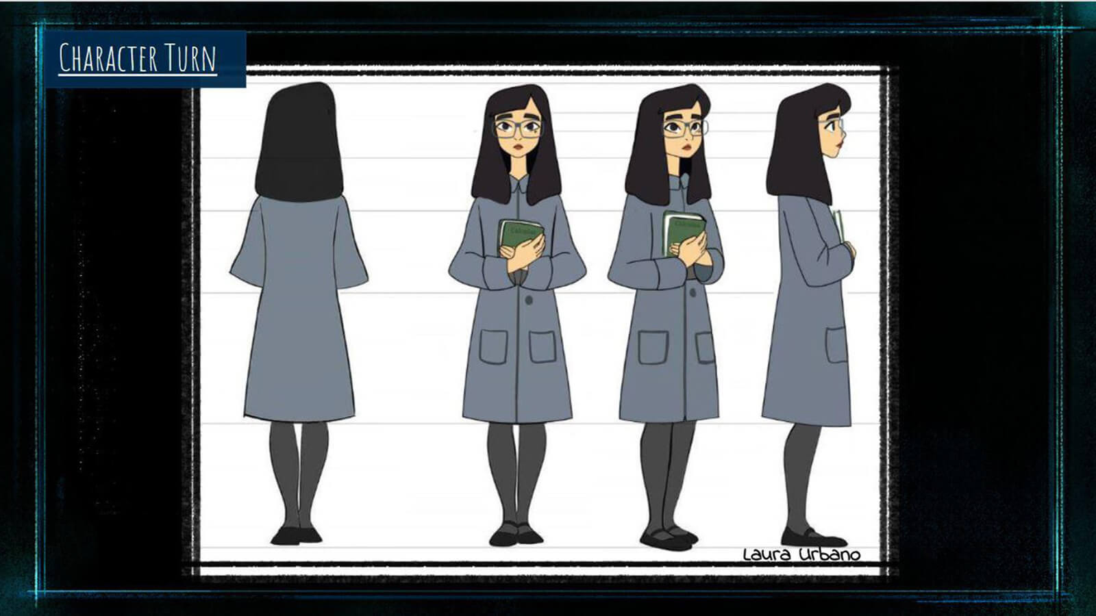 A "Character Turn" sheet for the film's main character Tristesse, showing her from a front, back, and side profile. 