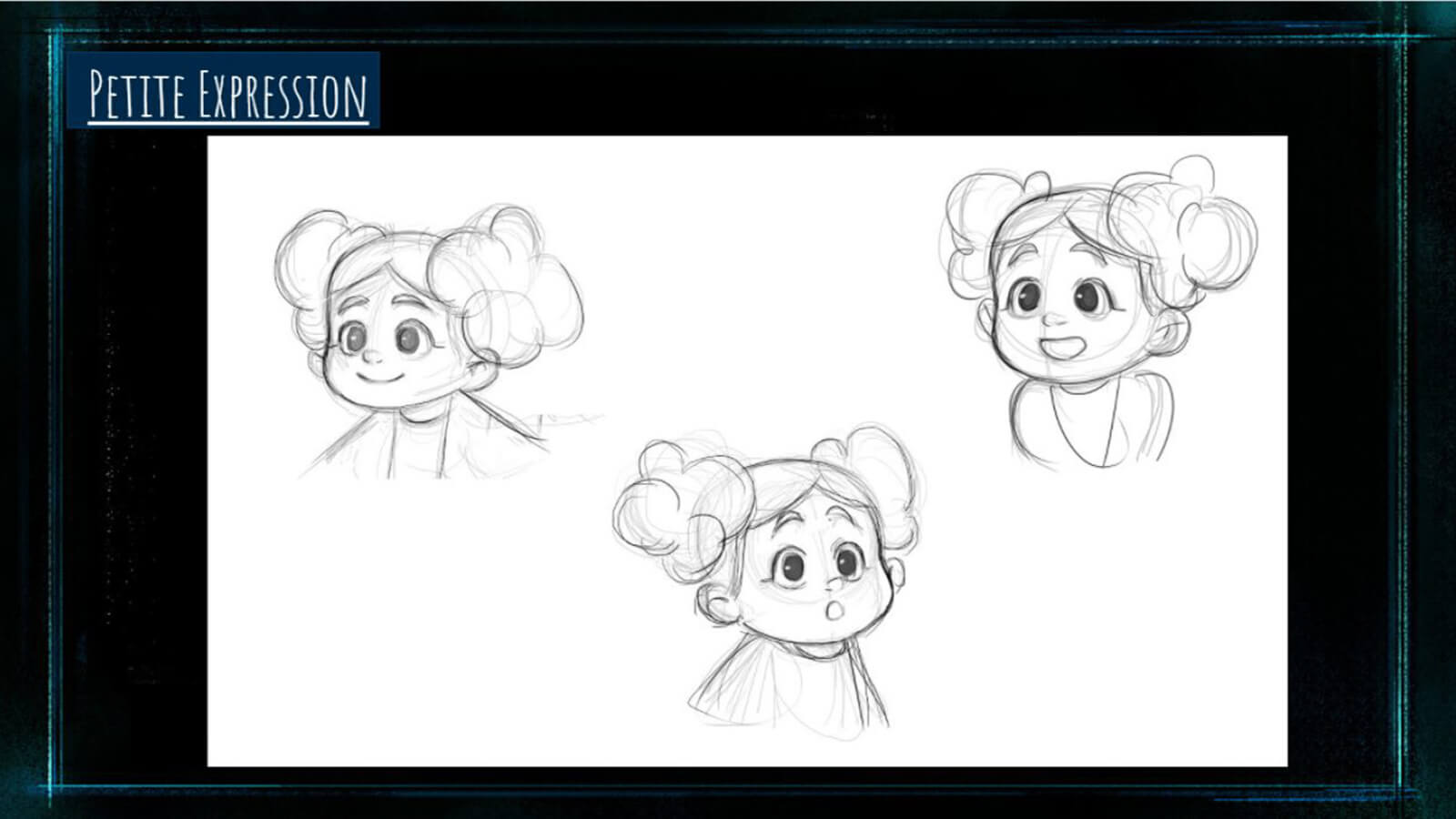 A "Character Expression" sheet showing the film's character Petite making various facial expressions.