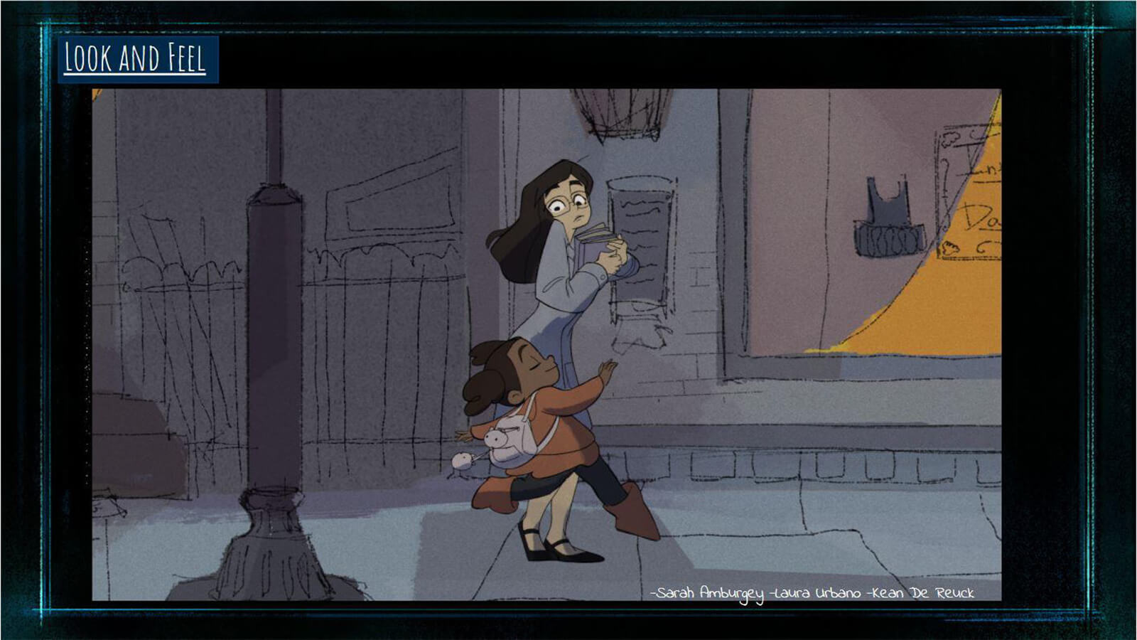 A "Look and Feel" slide, featuring a drawing for the film's two main characters passing each other on the sidewalk.