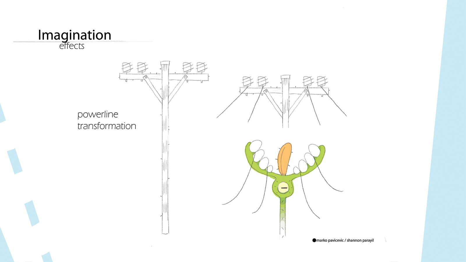 Sketch of a telephone pole turning into an imaginary creature.